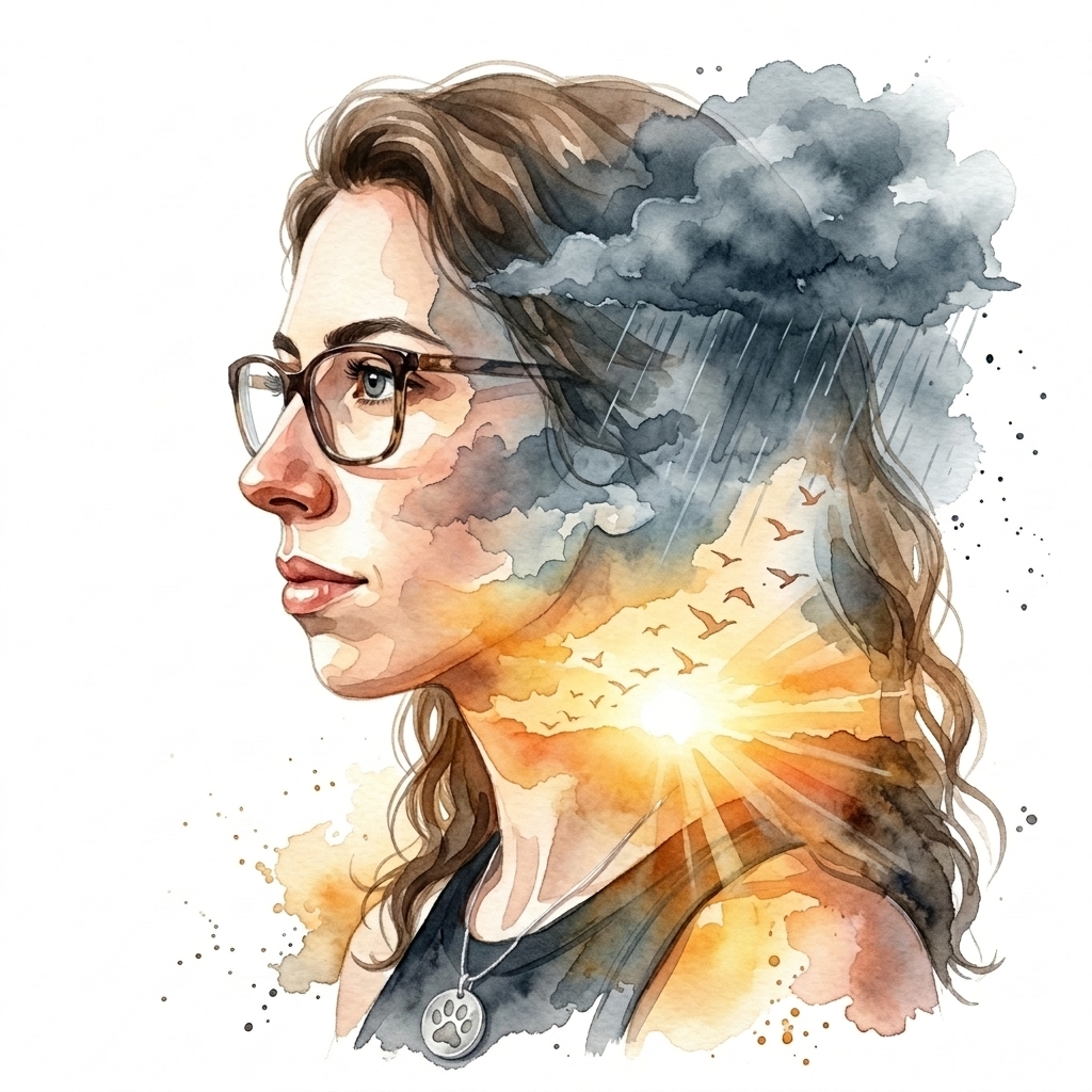 Watercolor profile of Radha blending with storm clouds and sunrays